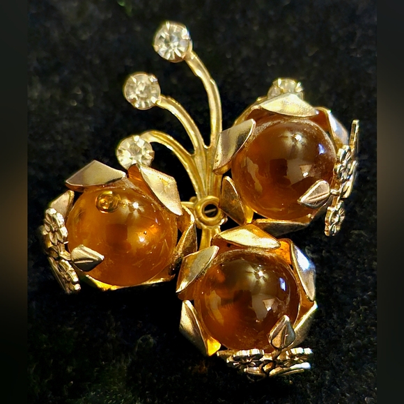 Vintage Artisan Blown Glass Orbs, Goldtone Floral & Rhinestone Brooch/Pendant - Picture 4 of 5